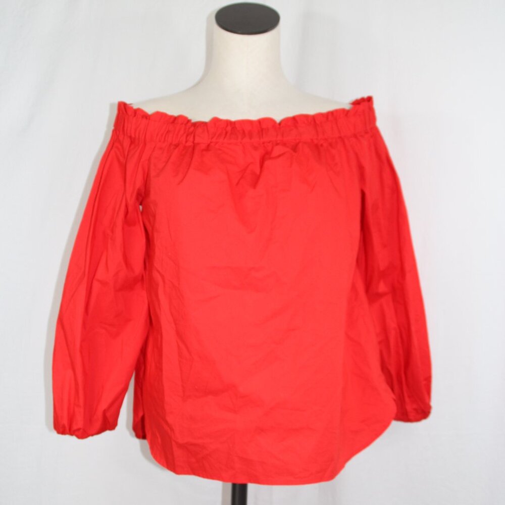 J. CREW Women's Red Off-the-Shoulder Long Sleeve Blouse Top 100% Cotton